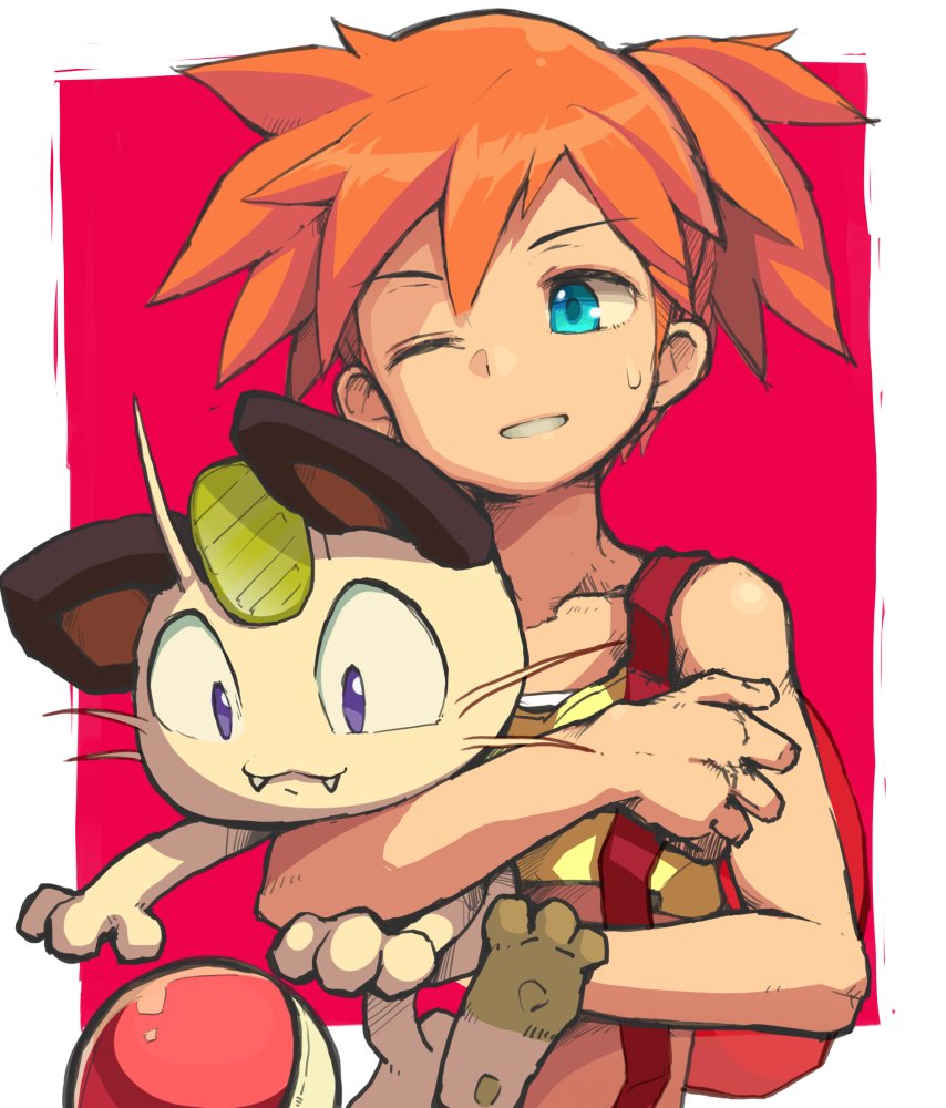 1girl bare_arms bare_shoulders blue_eyes border collarbone creatures_(company) game_freak gen_1_pokemon holding holding_pokemon kasumi_(pokemon) meowth nintendo orange_hair pokemon pokemon_(anime) pokemon_(creature) shirt short_hair side_ponytail simple_background smile solo suspenders white_border yellow_shirt yuusuke_(5yusuke3)