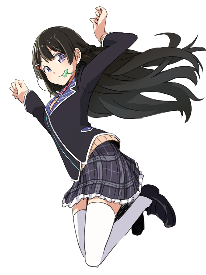1girl black_hair blazer braid cardigan checkered checkered_skirt chikuwa_(majihima) clenched_hand clover french_braid hair_ornament hairclip jacket loafers long_hair looking_at_viewer mouth_hold nijisanji pleated_skirt school_uniform shoes skirt thigh-highs tsukino_mito violet_eyes virtual_youtuber white_background white_legwear zettai_ryouiki
