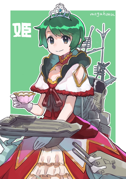 1girl adapted_costume antennae bangs brown_eyes cannon cowboy_shot cup dress gloves green_background green_hair kantai_collection machinery mogami_(kantai_collection) mogamiya_honu princess red_dress short_hair smokestack solo swept_bangs teacup tiara tray turret white_gloves