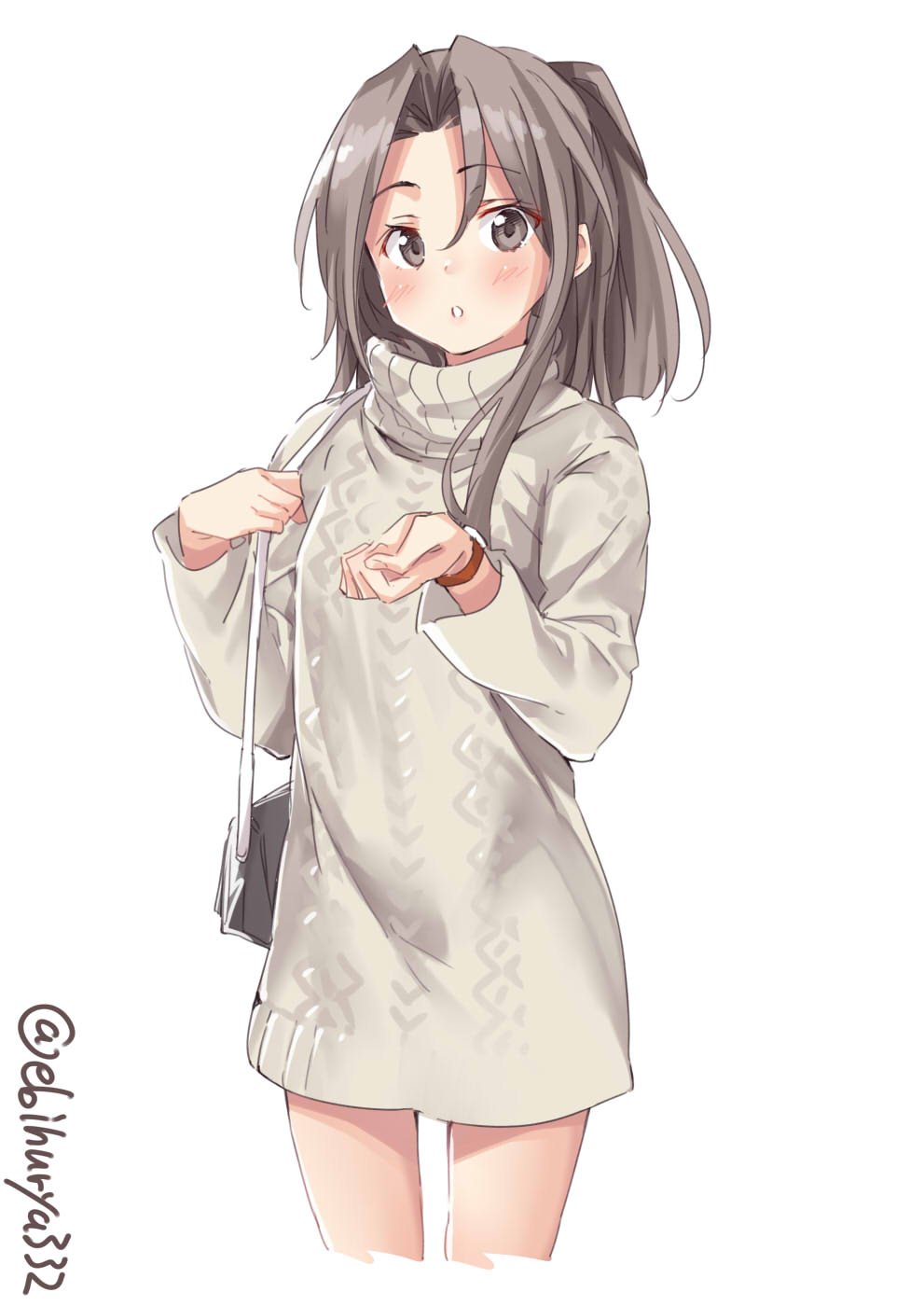 1girl alternate_costume bag blush brown_eyes closed_mouth dress ebifurya highres kantai_collection light_brown_hair long_hair looking_at_viewer simple_background solo sweater white_background zuihou_(kantai_collection)