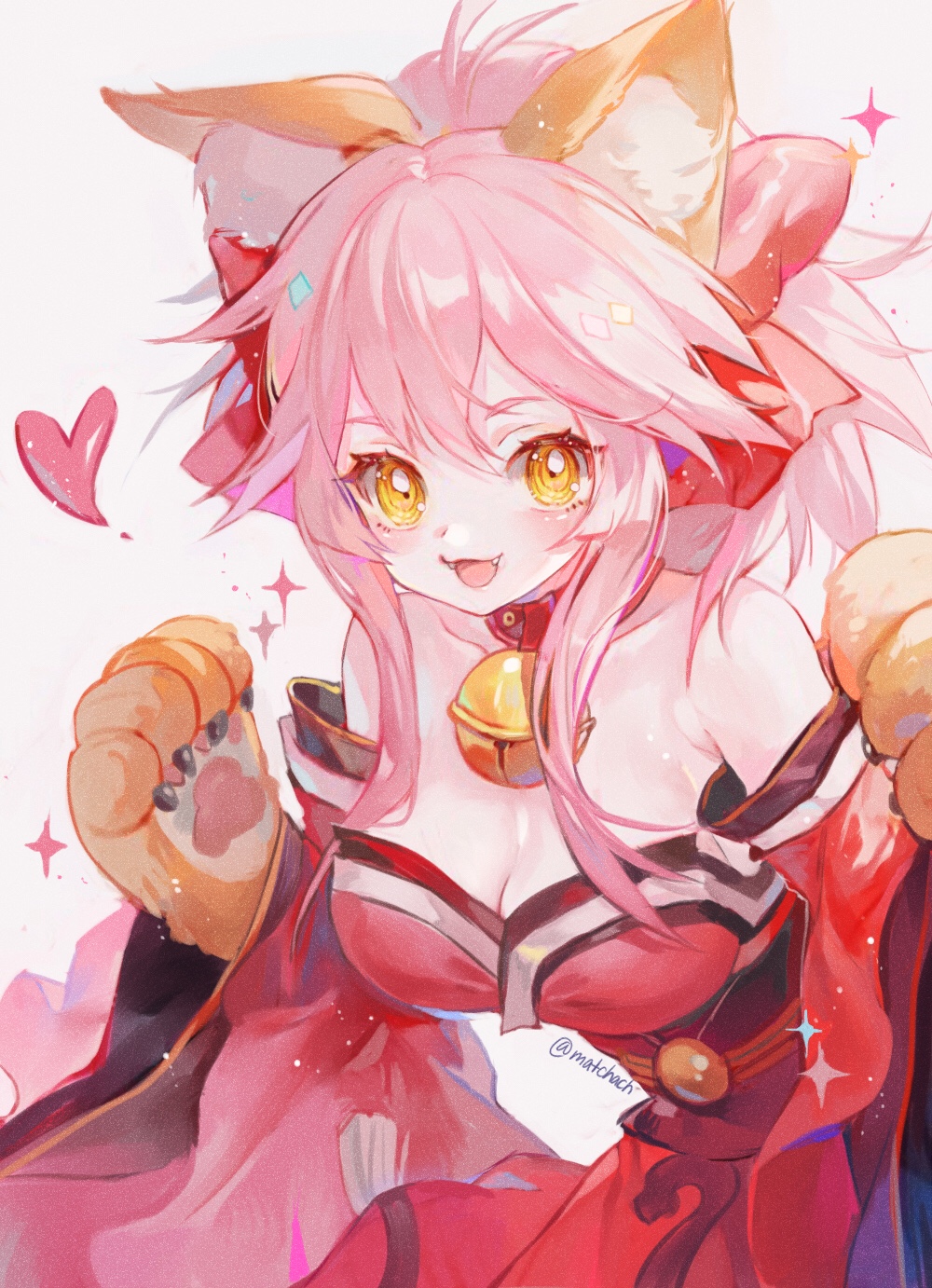 1girl animal_ear_fluff animal_ears bangs bare_shoulders bell bell_collar blush breasts cat_paws claws cleavage collar collarbone commentary_request detached_sleeves fangs fate/grand_order fate_(series) fox_ears fox_girl fox_tail gloves hair_between_eyes hair_ribbon hands_up heart highres japanese_clothes jingle_bell kimono leaning_forward looking_at_viewer maccha_(mochancc) medium_breasts obi off_shoulder open_mouth paw_gloves paw_pose paws pink_hair ponytail red_collar red_kimono red_ribbon ribbon sash sidelocks simple_background smile solo sparkle star strapless tail tamamo_(fate)_(all) tamamo_cat_(fate) twitter_username wide_sleeves yellow_eyes