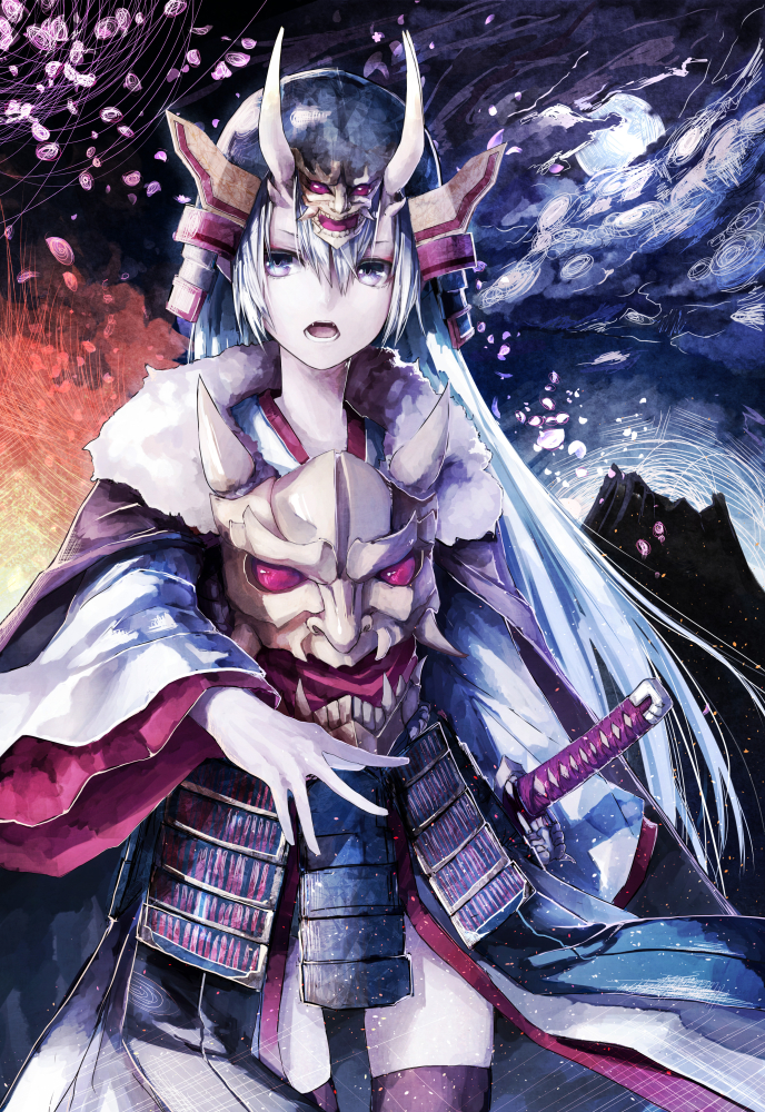 1girl armor cape chain_chronicle clouds cloudy_sky fangs fur-trimmed_cape fur_trim hair_between_eyes helmet holding holding_sword holding_weapon horns horns_through_headwear japanese_armor japanese_clothes kimono long_hair long_sleeves looking_at_viewer moon oni_horns oni_mask open_mouth original petals sky sword teeth thigh-highs very_long_hair violet_eyes walking weapon white_hair wide_sleeves yuuichi_(4561643)