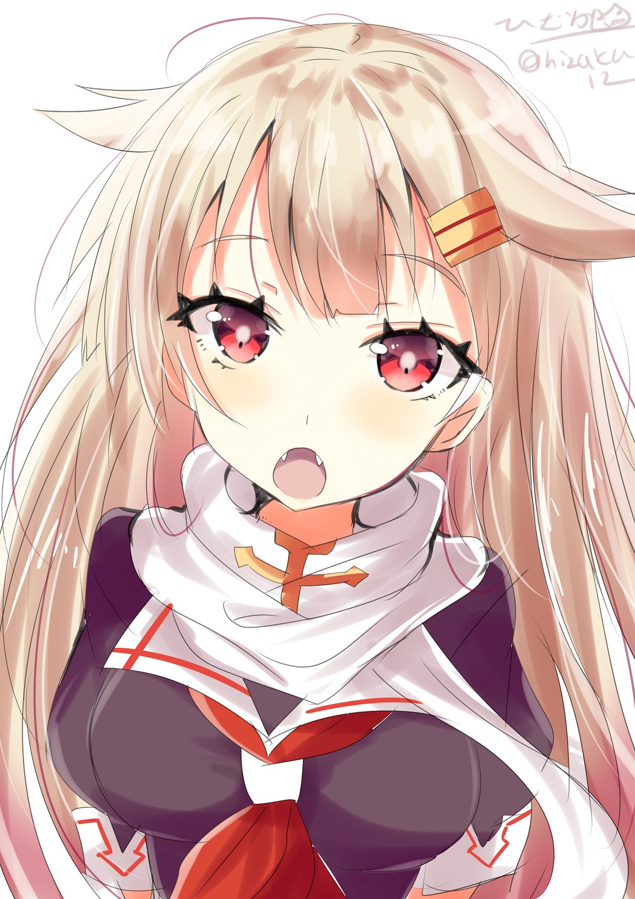 1girl blonde_hair eyebrows_visible_through_hair gradient_hair hair_ornament hairclip highres hizaka kantai_collection long_hair multicolored_hair neckerchief open_mouth red_eyes red_neckwear remodel_(kantai_collection) scarf school_uniform simple_background solo straight_hair very_long_hair white_background white_scarf yuudachi_(kantai_collection)