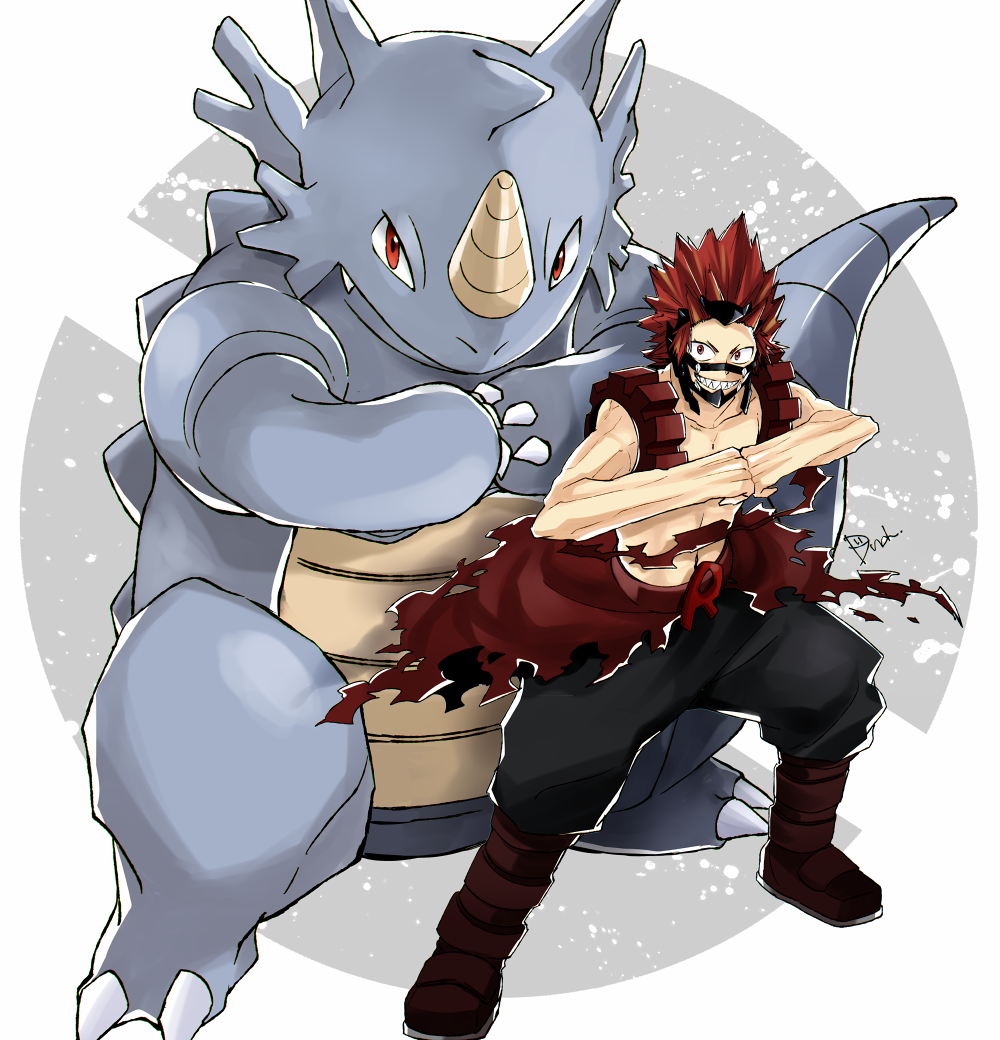 1boy boku_no_hero_academia boots brown_footwear clenched_hands creatures_(company) dandel game_freak gen_1_pokemon hands_together horn kirishima_eijirou looking_at_viewer nintendo poke_ball_symbol pokemon red_eyes redhead rhydon sharp_teeth spiky_hair teeth