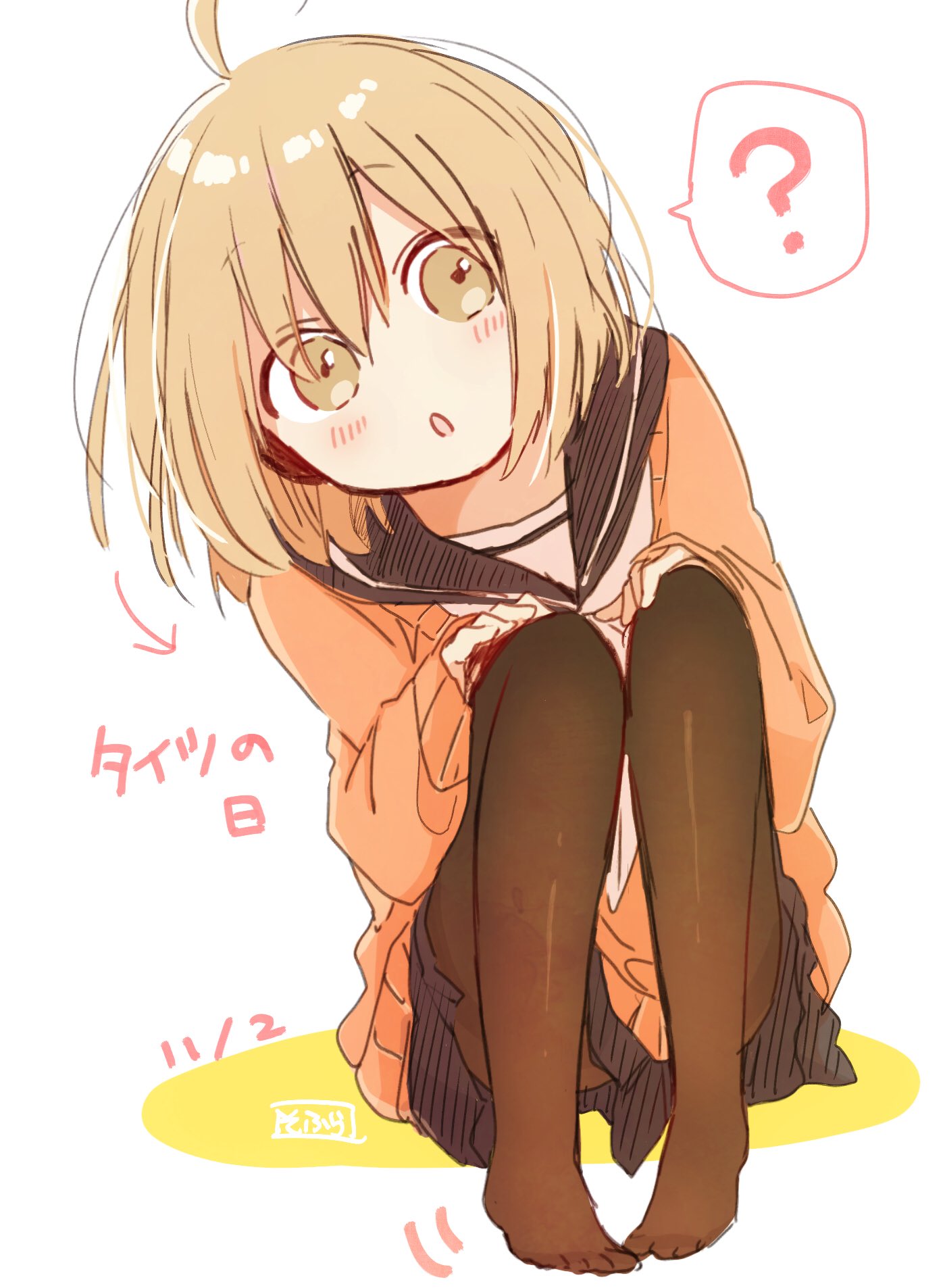 1girl ? ahoge bangs blush brown_eyes brown_legwear brown_sailor_collar brown_skirt cardigan commentary_request dated directional_arrow eyebrows_visible_through_hair hair_between_eyes hands_on_own_knees highres leaning_to_the_side light_brown_hair long_sleeves no_shoes orange_cardigan original pantyhose parted_lips pleated_skirt sailor_collar school_uniform serafuku skirt sleeves_past_wrists sofra solo spoken_question_mark squatting translated white_background