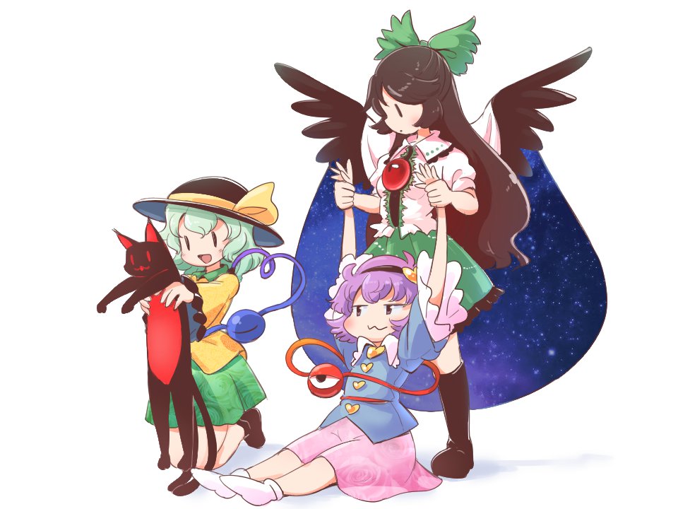 3girls :3 arm_grab arms_up bangs black_footwear black_hairband black_hat black_wings blue_shirt boots bow brown_hair cape collared_shirt feathered_wings floral_print green_bow green_hair green_skirt hair_bow hairband hat hat_bow heart itatatata kaenbyou_rin kaenbyou_rin_(cat) kneeling komeiji_koishi komeiji_satori long_hair long_sleeves longcat miniskirt multiple_girls open_mouth pink_skirt purple_hair reiuji_utsuho shirt shoes short_hair simple_background sitting skirt smile smug solid_oval_eyes standing star star_print third_eye touhou violet_eyes white_background white_cape white_shirt wide_sleeves wing_collar wings yellow_bow yellow_shirt