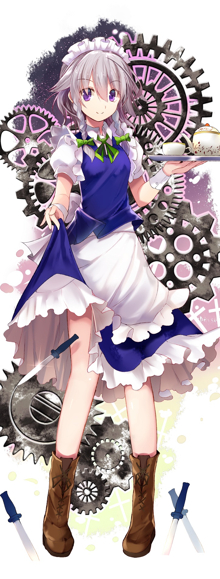 1girl apron bangs blue_skirt blue_vest bow braid brown_footwear collared_shirt cup dress efe frilled_apron frills full_body gears glint green_bow green_neckwear green_ribbon hair_between_eyes hair_bow hair_flaps hand_up highres holding holding_tray izayoi_sakuya knife lifted_by_self light_particles looking_at_viewer maid maid_apron maid_headdress petticoat puffy_short_sleeves puffy_sleeves ribbon shirt short_hair short_sleeves silver_hair skirt skirt_lift smile solo standing tea_set teacup teapot touhou tray twin_braids vest violet_eyes waist_apron weapon white_apron white_shirt wing_collar wrist_cuffs