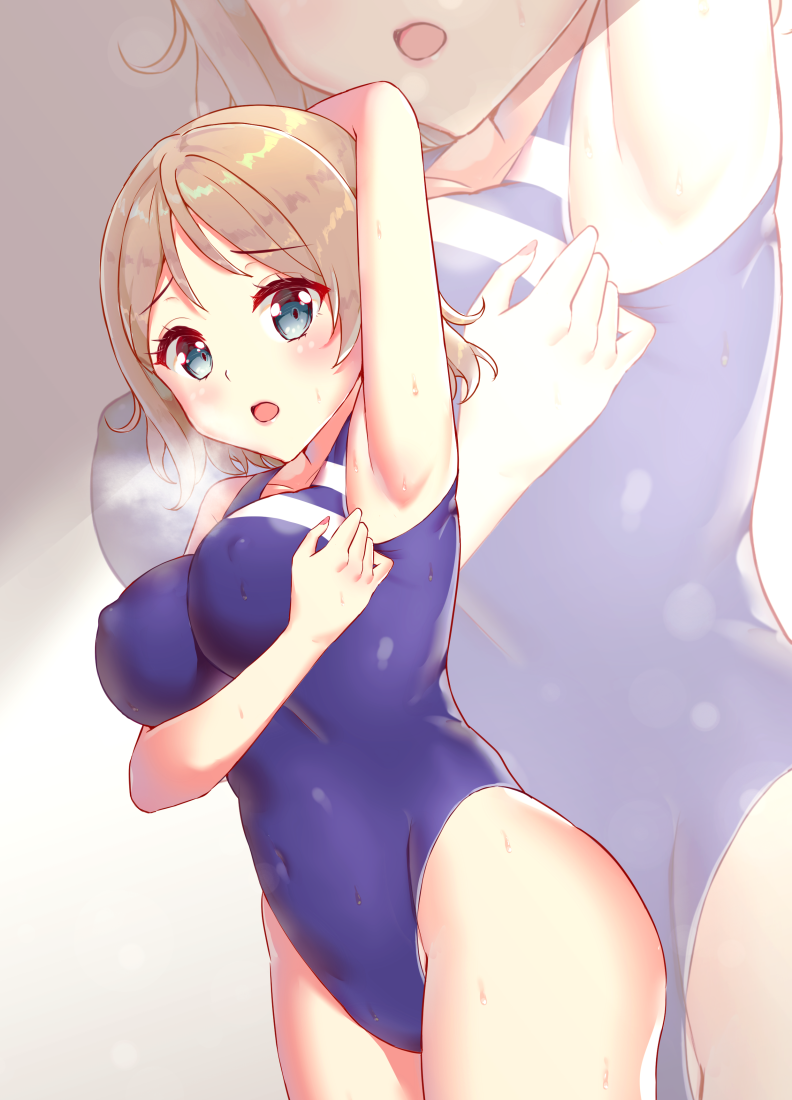 1girl arm_up armpits blue_eyes blue_swimsuit brown_hair chouge60229 competition_swimsuit covered_navel cowboy_shot erect_nipples highleg highleg_swimsuit looking_at_viewer love_live! love_live!_sunshine!! one-piece_swimsuit short_hair solo sweat swimsuit watanabe_you wavy_hair zoom_layer