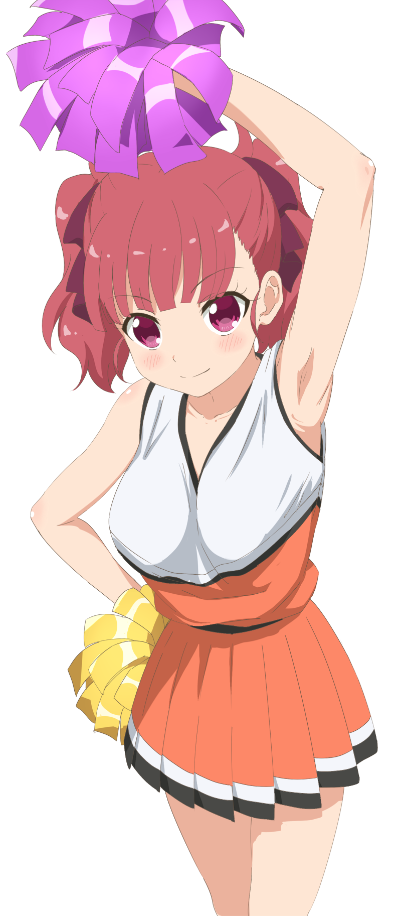 1girl anima_yell! arm_up armpits bangs blunt_bangs blush breasts cheerleader eyebrows_visible_through_hair hair_ribbon hand_on_hip highres looking_at_viewer medium_breasts miniskirt orange_skirt pleated_skirt pom_poms purple_ribbon redhead ribbon simple_background skirt smile solo tank_top trg-_(sain) twintails ushiku_kana violet_eyes white_background