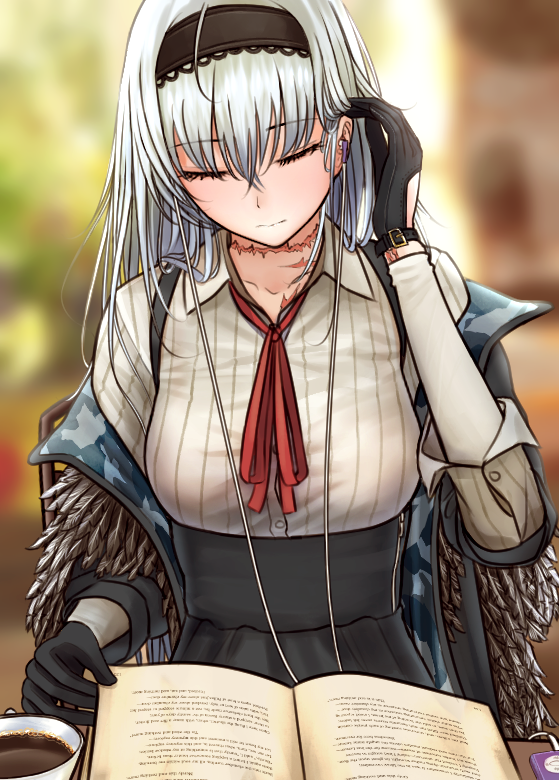 1girl bangs black_gloves black_hairband black_jacket black_skirt book camouflage_print closed_eyes closed_mouth coffee coffee_mug collared_shirt commentary cup earphones eyebrows_visible_through_hair feather-trimmed_jacket feathers girls_frontline gloves hairband head_tilt high-waist_skirt jacket long_hair long_sleeves looking_down media_player mug neck_ribbon neck_scar open_book red_ribbon revision ribbed_shirt ribbon scar shirt sidelocks sitting skirt solo table testame thunder_(girls_frontline) very_long_hair