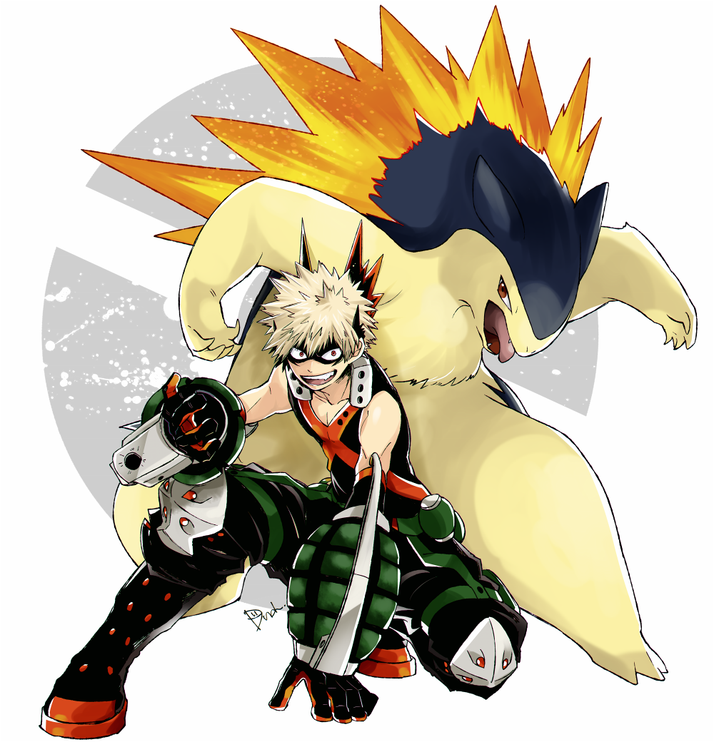 1boy bakugou_katsuki black_footwear black_gloves boku_no_hero_academia boots creatures_(company) dandel domino_mask explosive game_freak gen_2_pokemon gloves grenade light_brown_hair looking_at_viewer mask nintendo open_mouth pokemon red_eyes squatting typhlosion