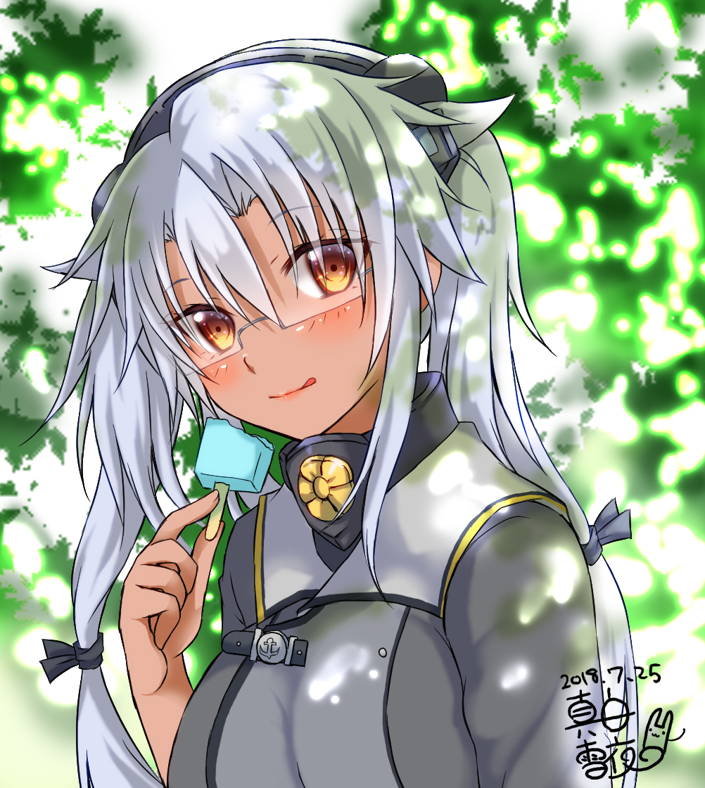 0yukiya0 1girl bangs bite_mark blush breasts brown_eyes closed_mouth commentary_request dappled_sunlight dark_skin dated day fingernails glasses hair_between_eyes hand_up holding ice_cream_bar kantai_collection large_breasts licking_lips long_hair long_sleeves looking_at_viewer musashi_(kantai_collection) outdoors remodel_(kantai_collection) semi-rimless_eyewear signature smile solo sunlight tongue tongue_out tree upper_body white_hair