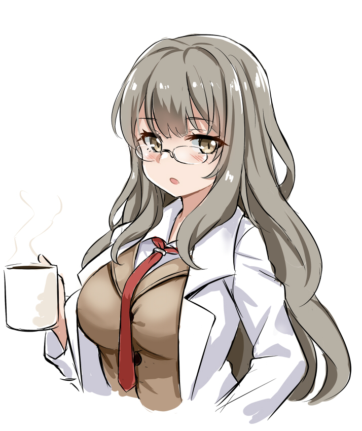 1girl breasts brown_eyes brown_hair cup futaba_rio glasses labcoat large_breasts long_hair looking_at_viewer mug necktie open_clothes red_neckwear seishun_buta_yarou simple_background unname upper_body wavy_hair white_background