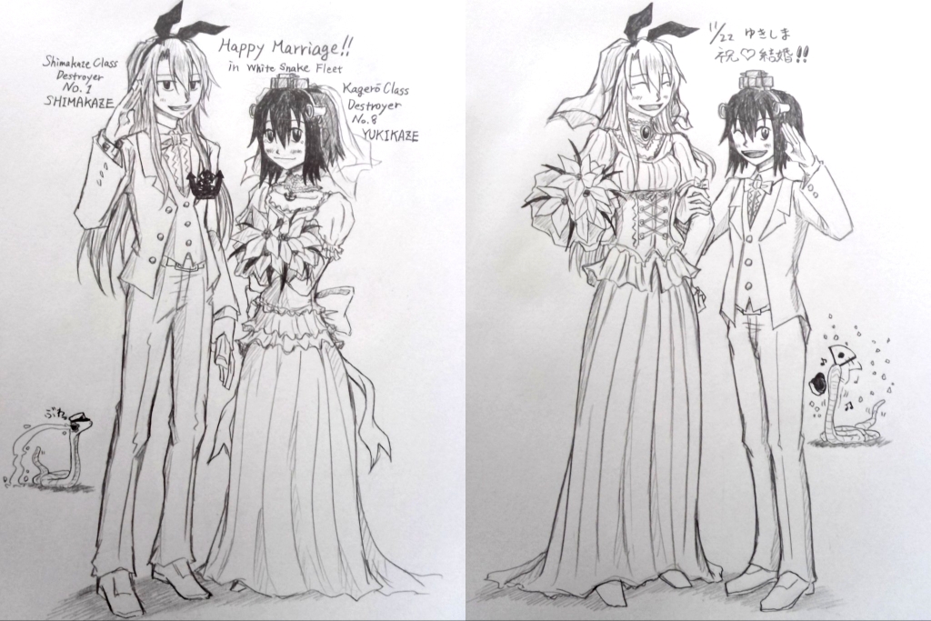 2girls ballpoint_pen_(medium) bouquet dress elbow_gloves fan flower folding_fan formal gloves gown graphite_(medium) height_difference jewelry kantai_collection mechanical_pencil multiple_girls necklace neobandle non-human_admiral_(kantai_collection) pencil rose shimakaze_(kantai_collection) snake strapless strapless_dress suit tiara traditional_media translation_request tuxedo wedding wedding_dress wife_and_wife yukikaze_(kantai_collection) yuri