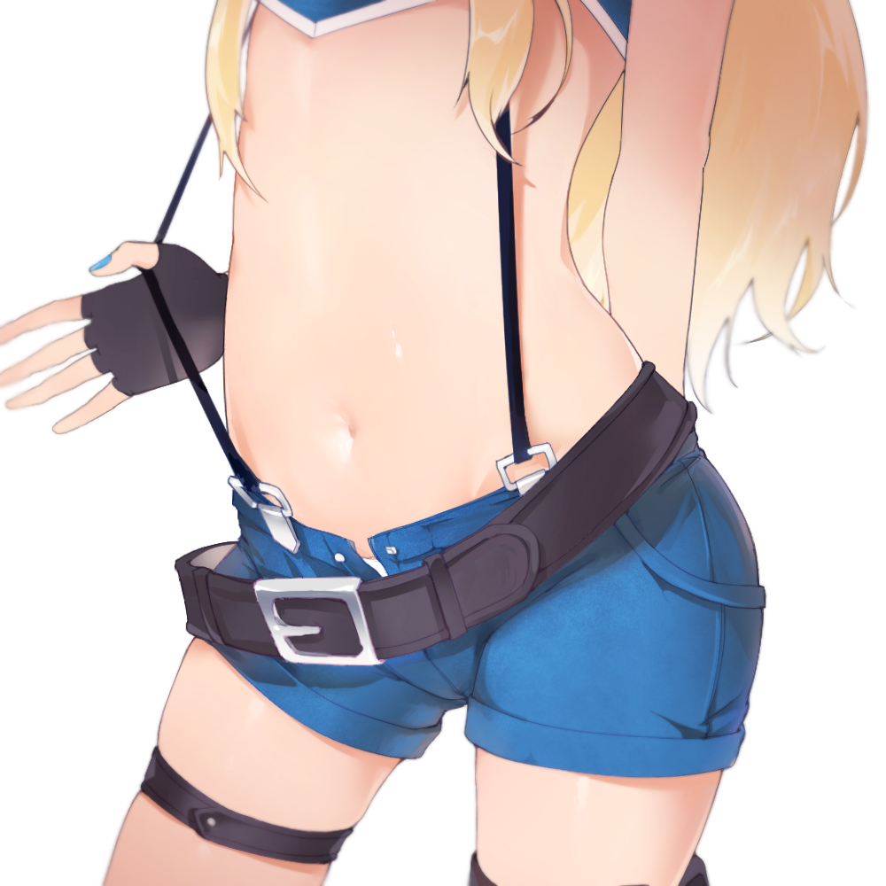 13o 1girl arm_behind_back black_gloves blonde_hair blue_nails blue_shorts close-up cowboy_shot fingerless_gloves fingernails gloves himehina_channel long_hair nail_polish navel open_fly panties short_shorts shorts simple_background solo stomach suspender_shorts suspenders suspenders_pull suzuki_hina thigh_strap underwear virtual_youtuber white_background white_panties