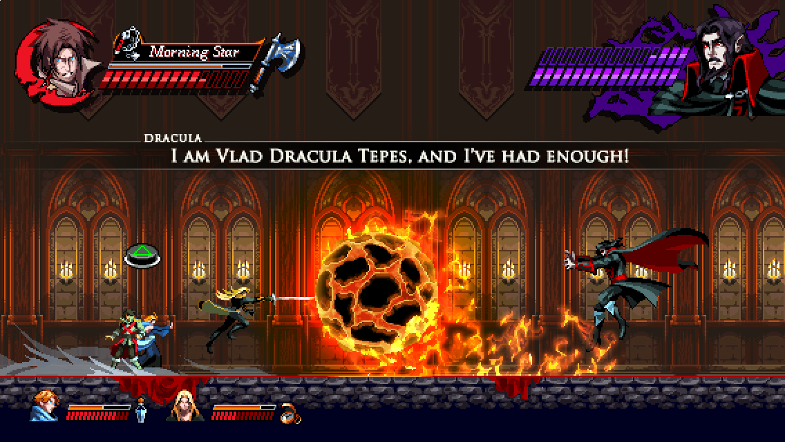 1girl 3boys alucard_(castlevania) axe back-to-back black_cape black_hair blonde_hair boots brown_hair candelabra cape castlevania castlevania_(netflix) chain_whip character_name character_portrait cloak coat commentary dracula english english_commentary facial_hair fighting fire fireball floating gameplay_mechanics glass_bottle goatee hallway health_bar jewelry kradakor locket long_coat magic medium_hair multiple_boys mustache outstretched_arms pendant pixel_art pointy_ears ralph_c_belmondo short_hair sword sypha_belnades triangle vampire weapon whip