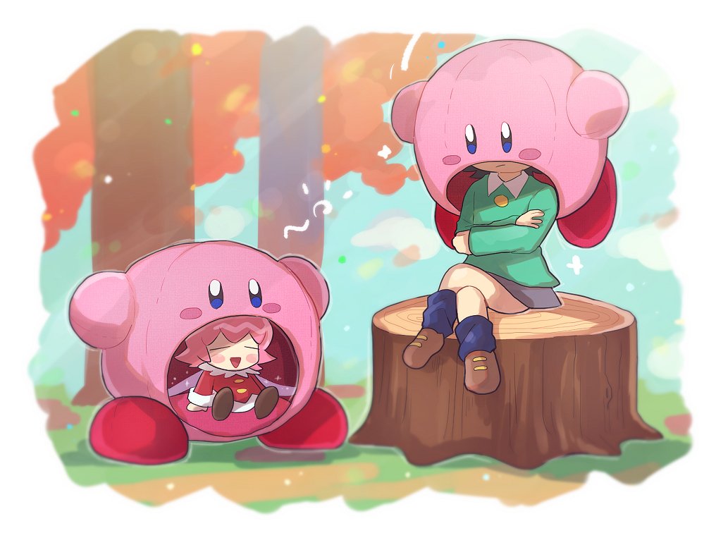 2girls adeleine black_hair character_doll fairy hoshi_no_kirby hoshi_no_kirby_64 kirby kirby:_star_allies kirby_(series) kirby_64 merchandise multiple_girls nintendo pink_hair ribbon_(kirby) sitting smock