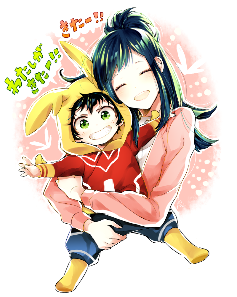 :d blush boku_no_hero_academia closed_eyes dandel green_eyes green_hair hood hood_up hoodie hug_from_behing long_hair looking_at_viewer midoriya_inko midoriya_izuku mother_and_son open_mouth smile translation_request upper_body younger