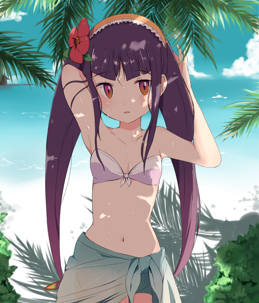 1girl arm_behind_head bangs beach bikini_top blunt_bangs blush breasts brown_eyes clouds collarbone cowboy_shot day eyebrows_visible_through_hair flower hair_flower hair_ornament hairband long_hair looking_at_viewer miyata_(lhr) navel ocean palm_leaf purple_hair queen_tia rockman ryuusei_no_rockman ryuusei_no_rockman_3 sarong sidelocks sky small_breasts solo summer swimsuit tree_shade white_bikini_top