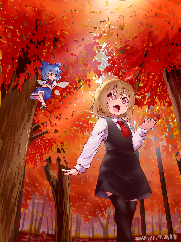 2girls araki_(qbthgry) autumn autumn_leaves black_dress black_legwear blonde_hair blue_bow blue_dress blue_eyes blue_hair bow cirno collared_shirt crossed_arms dated dress fang flying forest hair_between_eyes hair_bow hair_ribbon hand_up ice ice_wings long_sleeves multiple_girls nature necktie outdoors red_eyes red_neckwear red_ribbon ribbon rumia shirt short_dress short_hair smile standing thigh-highs touhou tree white_shirt wing_collar wings