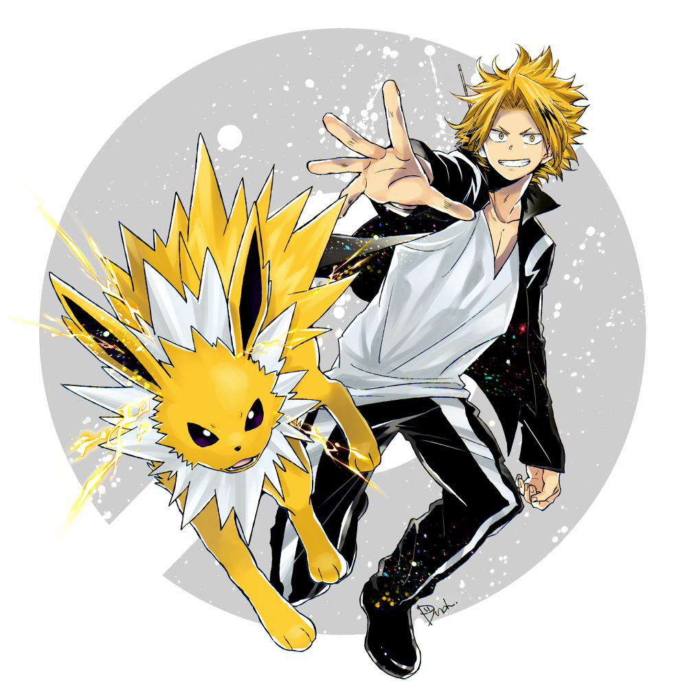 1boy black_jacket black_pants blonde_hair boku_no_hero_academia collarbone creatures_(company) dandel game_freak gen_1_pokemon grin jacket jolteon kaminari_denki looking_at_viewer nintendo open_clothes open_jacket outstretched_hand pants poke_ball_symbol pokemon shirt signature smile striped striped_pants v-neck white_shirt yellow_eyes