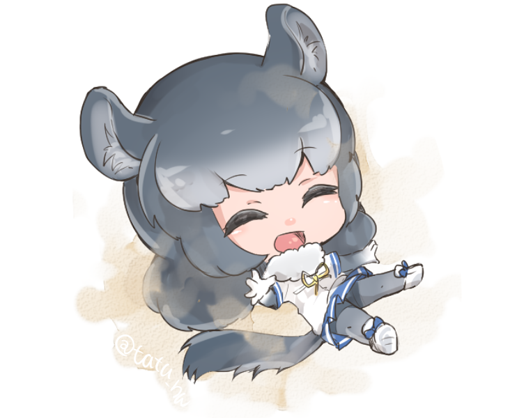 1girl :d ^_^ ^o^ animal_ears bangs big_head chibi chinchilla_(kemono_friends) closed_eyes closed_eyes colored_eyelashes dust_cloud elbow_gloves full_body fur_trim gloves grey_gloves grey_hair grey_legwear kemono_friends miniskirt open_mouth outstretched_legs pantyhose shoe_soles short_sleeves simple_background sketch_eyebrows skirt smile solo tail tatsuno_newo twitter_username white_background white_footwear