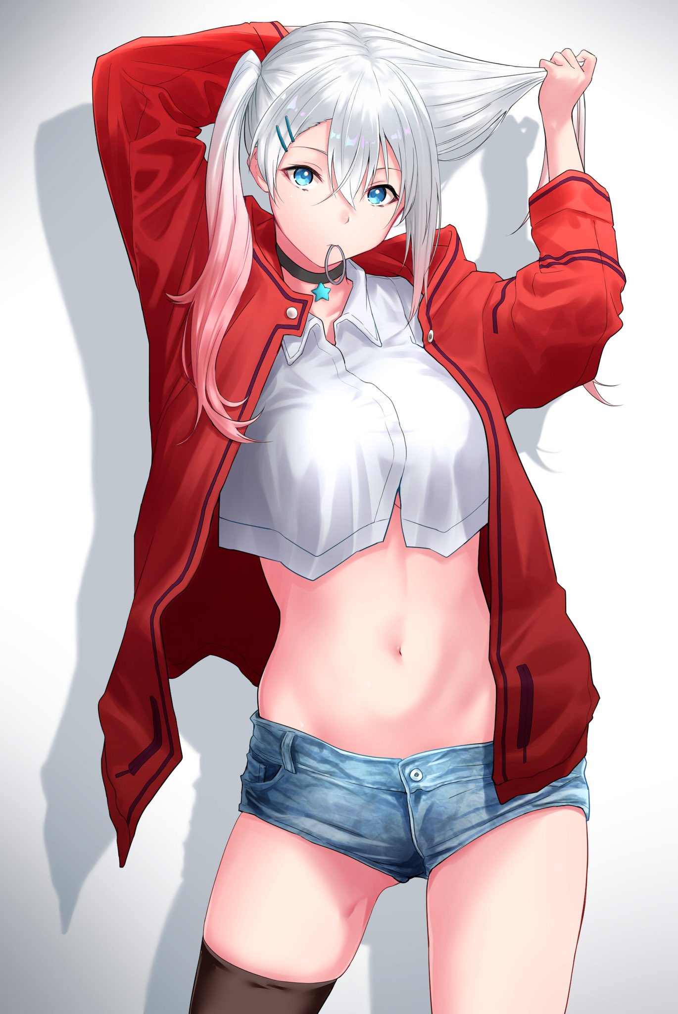 1girl black_legwear blue_shorts breasts choker collared_crop_top cowboy_shot crop_top denim denim_shorts girls_frontline gradient_hair hair_between_eyes hair_ornament hair_tie_in_mouth hairclip highres holding holding_hair jacket long_hair lwmmg_(girls_frontline) midriff mouth_hold multicolored_hair navel open_clothes open_jacket pink_hair red_jacket shinoe_nun short_shorts shorts silver_hair single_thighhigh solo standing stomach thigh-highs twintails two-tone_hair tying_hair