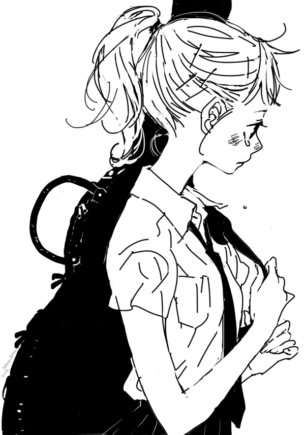 1girl blush breast_pocket closed_mouth collared_shirt commentary fingernails from_side greyscale guitar_case hair_ornament hair_tie hairpin hands_up instrument_case lenny-tree monochrome necktie nose_blush original pleated_skirt pocket ponytail profile sad school_uniform shirt short_sleeves simple_background skirt solo tareme tearing_up tears upper_body wing_collar
