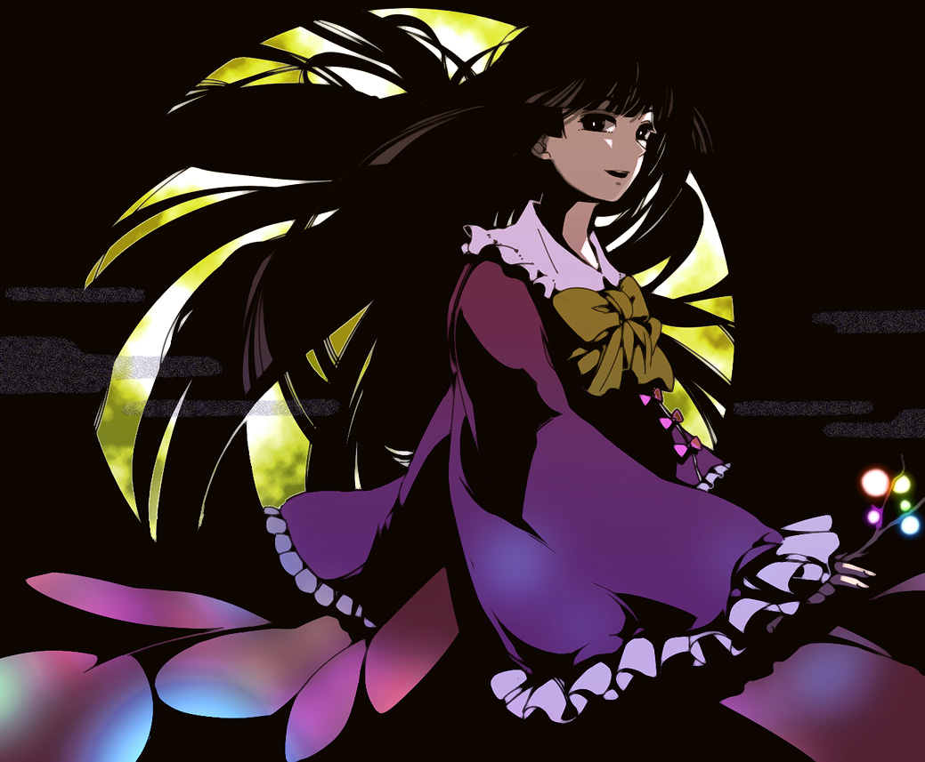 black_hair bow full_moon houraisan_kaguya jeweled_branch_of_hourai long_hair long_skirt moon skirt sleeves_past_wrists touhou yukizen