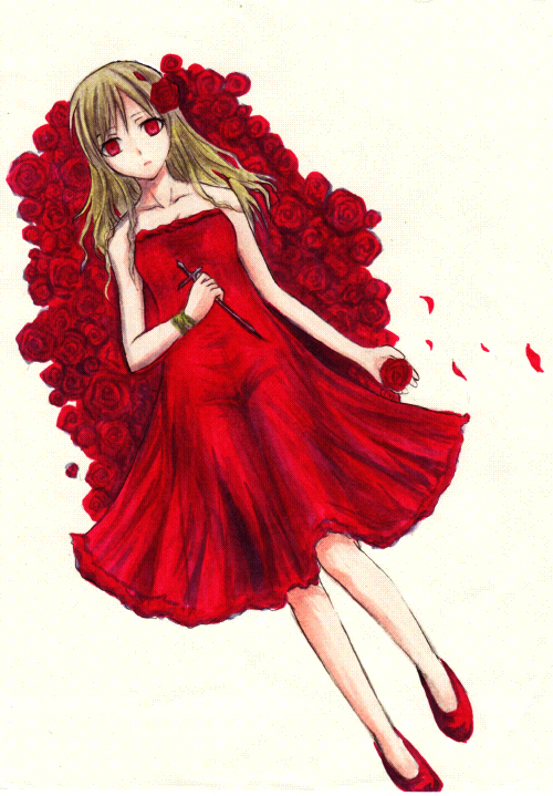 blonde_hair dress flower nogoro original red red_dress red_eyes red_shoes rose roses