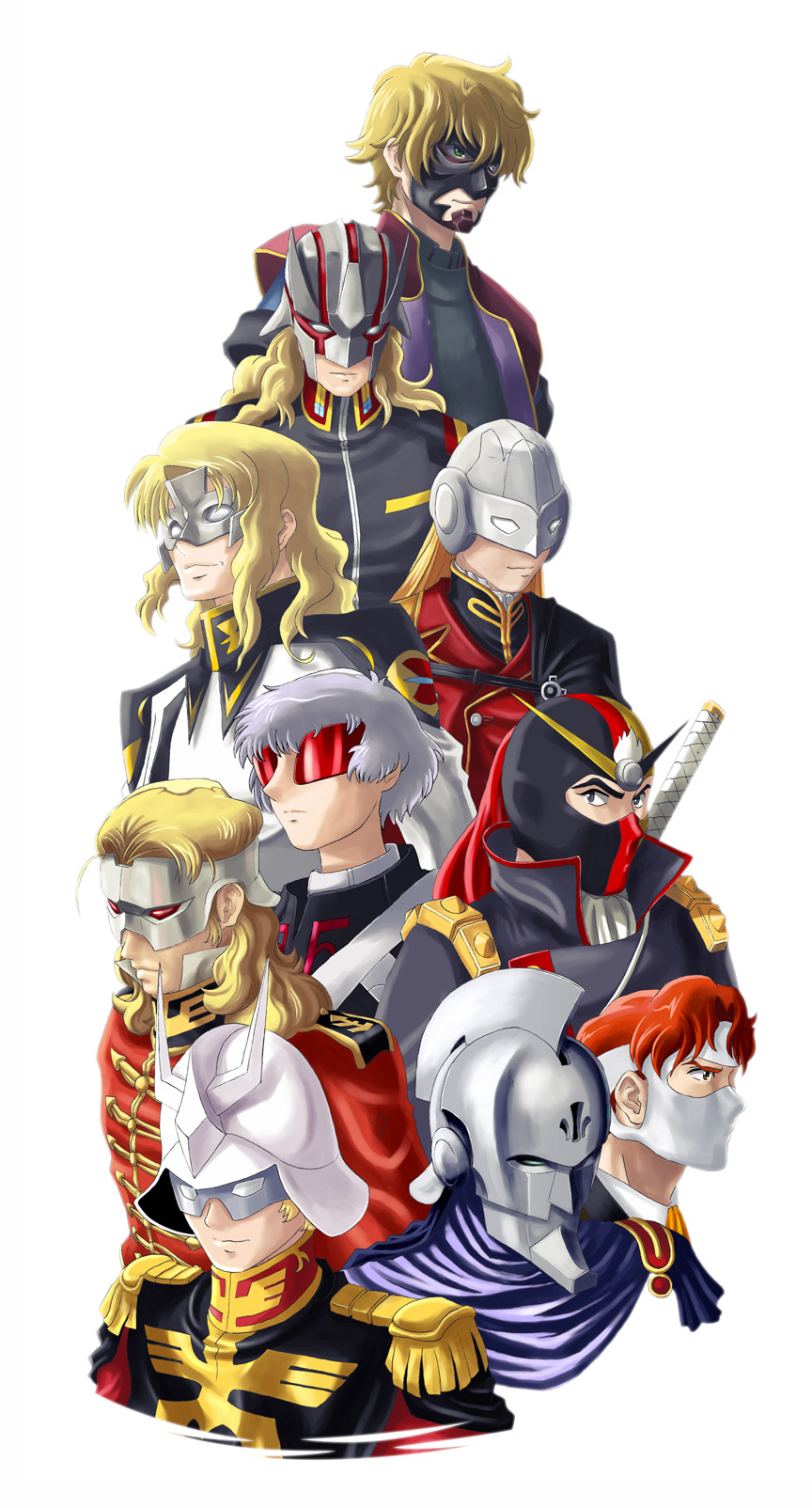 carozzo_ronah char_aznable chronicle_asher epaulettes full_frontal g_gundam graham_aker gundam gundam_00 gundam_f91 gundam_seed gundam_seed_destiny gundam_unicorn gundam_wing harry_ord highres kome_(le7) male mask mister_bushido mu_la_flaga ninja rau_le_creuset schwarz_bruder spikes sunglasses sword turn_a_gundam victory_gundam weapon yone zechs_merquise