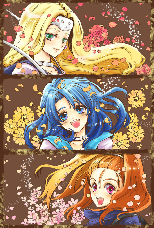 blonde_hair blue_eyes blue_hair blush cherry_blossoms circlet dragon_quest dragon_quest_vi flower forehead green_eyes high_ponytail icomemo long_hair mireyu petals ponytail purple_eyes red_hair redhead rose roses smile tania violet_eyes