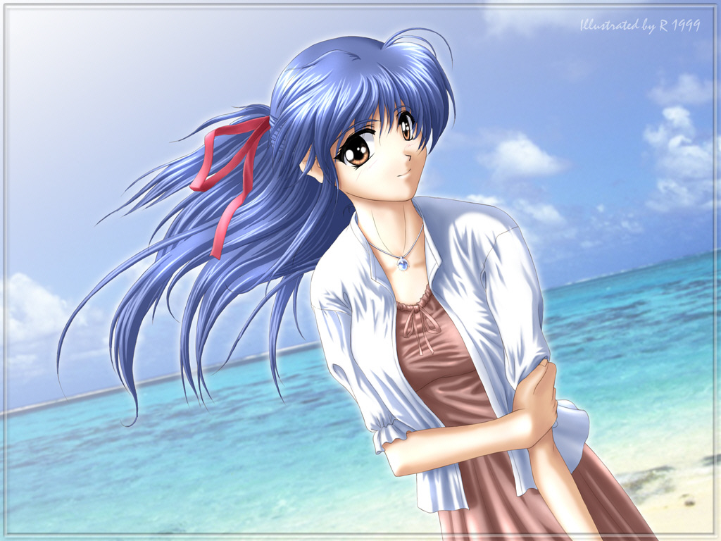 azmr blue_hair brown_eyes dutch_angle jewelry long_hair necklace ponytail r r's_wallpaper_studio wallpaper