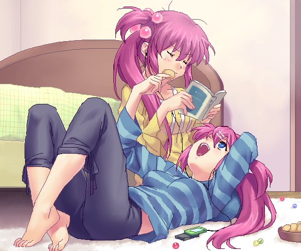 barefoot book cellphone earbuds earphones feet futaki_kanata hair_bobbles hair_ornament hairclip little_busters! little_busters!! long_hair marble marbles multiple_girls phone purple_hair saigusa_haruka side_ponytail zen