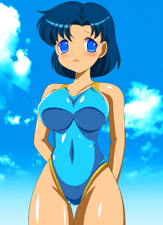 blue blue_eyes blue_hair blue_swimsuit blush competition_swimsuit earrings jewelry mizuno_ami one-piece_swimsuit pirochi short_hair sky swimsuit thigh_gap