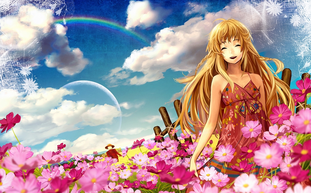 blonde_hair blurry closed_eyes cloud clouds depth_of_field dress flower flower_field long_hair moon orange_hair original rainbow scarecrow siro sky smile sundress