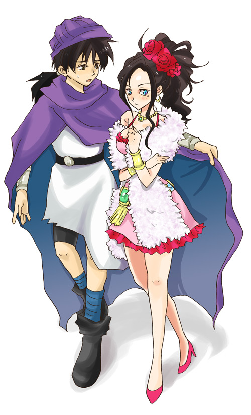 1girl black_hair blue_eyes blush boa cape couple deborah dragon_quest dragon_quest_v dress feather_boa flower hero_(dq5) high_heels icomemo mole ponytail rose roses