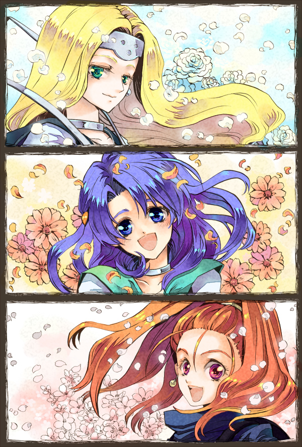 blonde_hair blue_eyes blue_hair blush cherry_blossoms circlet dragon_quest dragon_quest_vi flower forehead green_eyes high_ponytail long_hair mireyu petals ponytail purple_eyes red_hair redhead rose roses smile tania urita violet_eyes