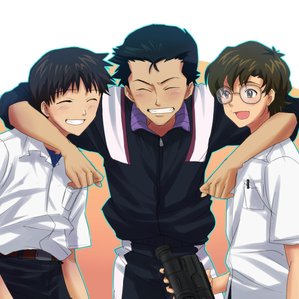 3boys camcorder camera closed_eyes friends glasses grin happy ikari_shinji male neon_genesis_evangelion smile suzuhara_touji