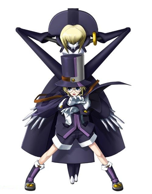 blonde_hair blue_eyes boots cape carl_clover child dress empty_eyes fighting_stance glasses gloves hat male mori_toshimichi nirvana official_art open_mouth puppet robot short_hair shorts simple_background spread_legs standing strap top_hat white_eyes
