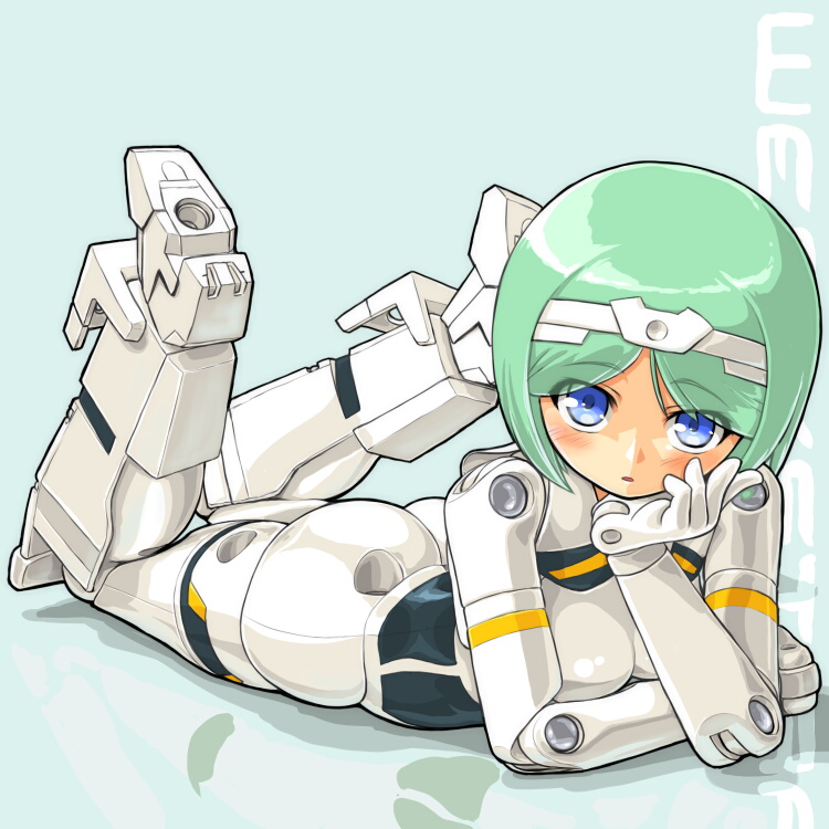 blush busou_shinki dd_(artist) doll_joints green_hair lying short_hair werkstra