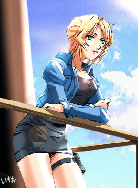 aya_brea blonde_hair green_eyes jacket miniskirt parasite_eve parasite_eve_ii railing short_hair sigeo2000 skirt thigh_strap zipper