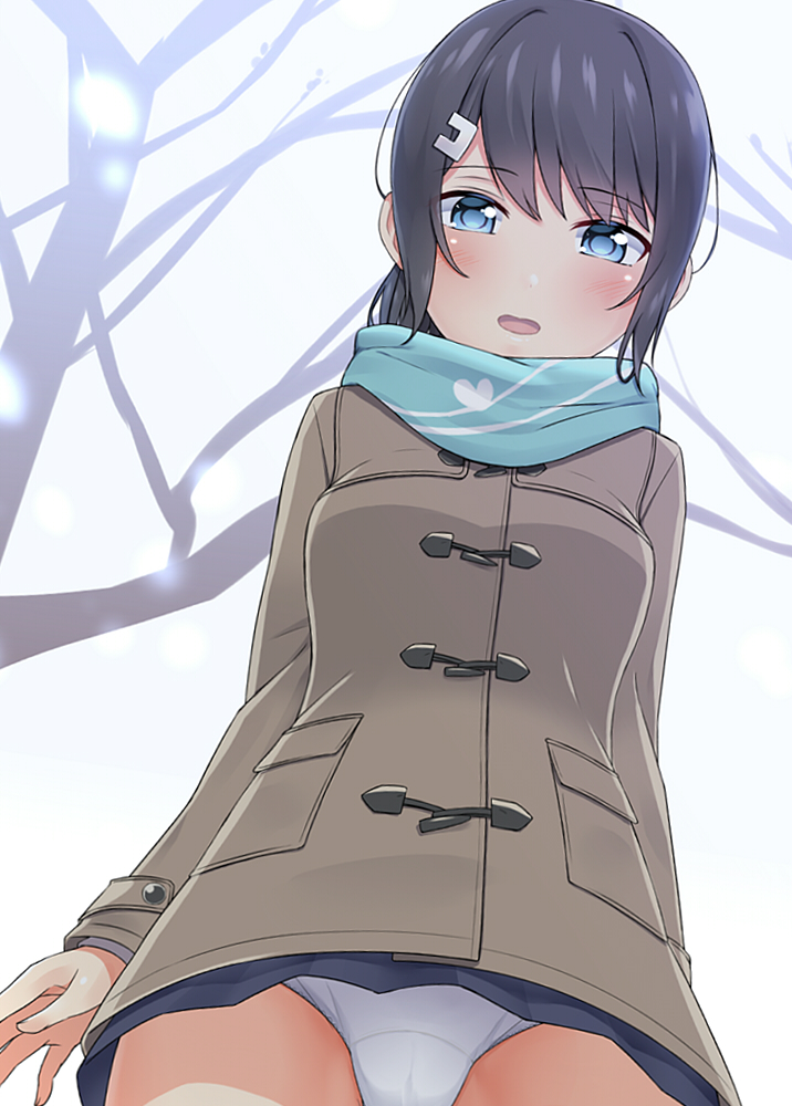 1girl bangs bare_tree black_hair blue_eyes blue_skirt blush breasts brown_coat chaostein coat commentary_request duffel_coat eyebrows_visible_through_hair from_below hair_between_eyes hair_ornament hairclip long_hair long_sleeves looking_at_viewer looking_down original panties parted_lips sidelocks skirt small_breasts solo standing tree underwear white_panties