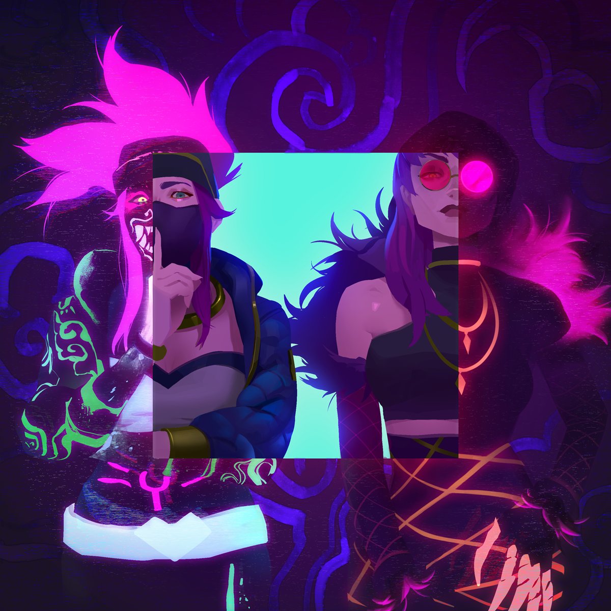 2girls akali bare_shoulders evelynn finger_to_mouth fur_trim glasses glowing glowing_eyes glowing_hair green_eyes hat highres jacket jewelry k/da_(league_of_legends) k/da_akali k/da_evelynn league_of_legends mask medium_hair multiple_girls necklace pink_hair purple_hair suqling yellow_eyes