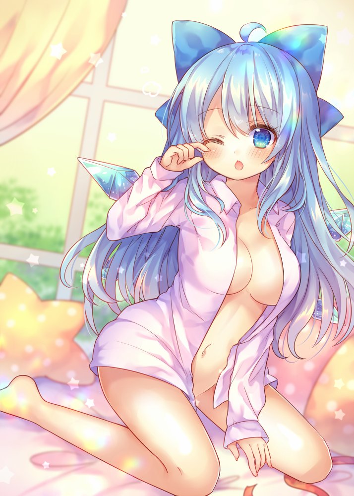 1girl ;o ahoge bangs bare_legs barefoot blue_bow blue_eyes blue_hair blue_wings blush bow breasts cirno collared_shirt commentary_request dress_shirt dutch_angle hair_bow ice ice_wings indoors long_hair looking_at_viewer medium_breasts naked_shirt navel older on_bed one_eye_closed pillow pink_shirt pjrmhm_coa shirt sitting sleepy solo star_pillow touhou wariza window wing_collar wings yellow_pillow