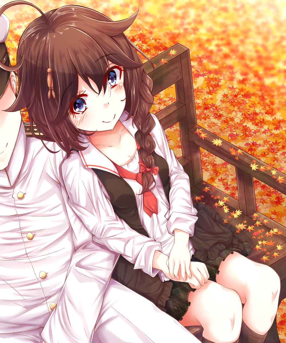1boy 1girl admiral_(kantai_collection) ahoge alternate_costume autumn_leaves bench black_skirt black_vest blue_eyes blush braid brown_hair eyebrows_visible_through_hair hair_flaps hair_ornament hair_over_shoulder hat highres kantai_collection long_hair long_sleeves looking_at_another military military_hat military_uniform necktie red_neckwear remodel_(kantai_collection) shigure_(kantai_collection) shirt single_braid sitting skirt smile solo_focus sumioo_(sumikko_no_ousama) uniform vest white_shirt