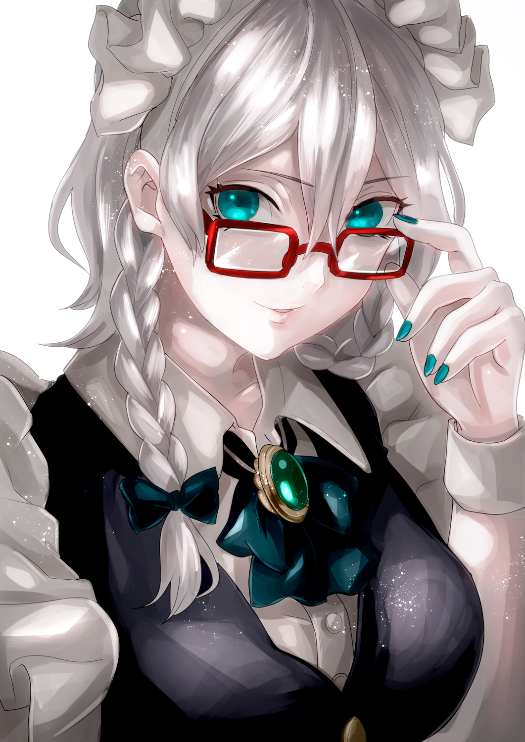 1girl adjusting_eyewear bespectacled black_bow black_neckwear black_ribbon blue_eyes blue_nails bow braid breasts brooch commentary_request glasses glasses_day hair_between_eyes hair_bow hand_up highres izayoi_sakuya jan_(lightdragoon) jewelry looking_at_viewer maid maid_headdress medium_breasts nail_polish neck_ribbon parted_lips red-framed_eyewear ribbon short_hair silver_hair simple_background smile solo touhou twin_braids upper_body white_background wing_collar wrist_cuffs