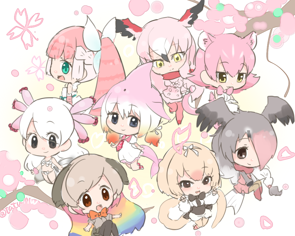 6+girls :3 animal_ears anteater_ears anteater_tail apron arms_at_sides bangs bare_shoulders belt bird_tail bird_wings black_eyes black_hair black_legwear blonde_hair blue_hair blunt_bangs bow bowtie braid brown_bow brown_eyes brown_legwear brown_neckwear brown_shirt brown_skirt buttons cherry_blossoms chibi chinese_white_dolphin_(kemono_friends) claw_pose color_connection commentary_request darwin's_finch_(kemono_friends) dolphin_tail dress eyebrows_visible_through_hair eyelashes fairy_wings fins flower french_braid frilled_apron frills from_behind from_side full_body fur_collar gloves gradient_hair greater_flamingo_(kemono_friends) green_belt green_eyes green_hair grey_hair hair_between_eyes hair_ornament hair_over_one_eye hairband hands_up head_wings heart heart_hands high_ponytail jacket jitome jumping kemono_friends knees_together_feet_apart leg_lift light_brown_hair long_hair long_sleeves looking_at_viewer looking_back low_twintails mexico_salamander_(kemono_friends) midriff multicolored multicolored_clothes multicolored_hair multicolored_legwear multiple_girls necktie orange_hair outdoors outstretched_arms panther_ears pantyhose peach_panther_(kemono_friends) petals pink pink-backed_pelican_(kemono_friends) pink_bow pink_fairy_armadillo_(kemono_friends) pink_gloves pink_hair pink_jacket pink_legwear pink_neckwear pink_sailor_collar pink_skirt ponytail puffy_short_sleeves puffy_sleeves rainbow_hair raised_eyebrows red_bow red_legwear red_neckwear red_scarf redhead ribbon sailor_collar sailor_dress salamander_tail scarf shirt short_hair short_sleeves shorts silky_anteater_(kemono_friends) sketch skirt sleeveless sleeveless_shirt standing standing_on_one_leg strapless strapless_dress swept_bangs tail tareme tatsuno_newo tree tsurime twintails twitter_username two-tone_hair very_long_hair white_apron white_background white_bow white_dress white_hair white_hairband white_ribbon white_shirt white_shorts wing_collar wings yellow_eyes