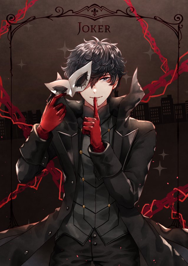 1boy amamiya_ren black_cape black_hair black_jacket black_pants brown_eyes cape card_(medium) chains cowboy_shot gloves holding holding_mask index_finger_raised jacket looking_at_viewer mask pants parted_lips persona persona_5 red_gloves short_hair smile solo standing wani_(fadgrith)