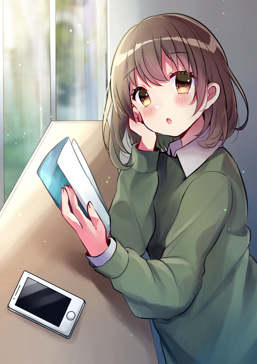 1girl arm_support bangs blurry blurry_background blush brown_eyes brown_hair cellphone collared_shirt commentary_request depth_of_field eyebrows_visible_through_hair fingernails green_shirt hair_between_eyes hand_up highres holding long_hair long_sleeves looking_at_viewer looking_to_the_side minami_saki original parted_lips phone shirt solo white_shirt